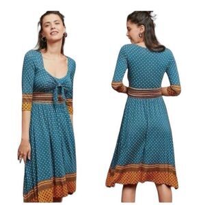 Anthropologie Maeve Teal Blue Orange Beloved 3/4 Sleeve Motif Floral Midi Dress